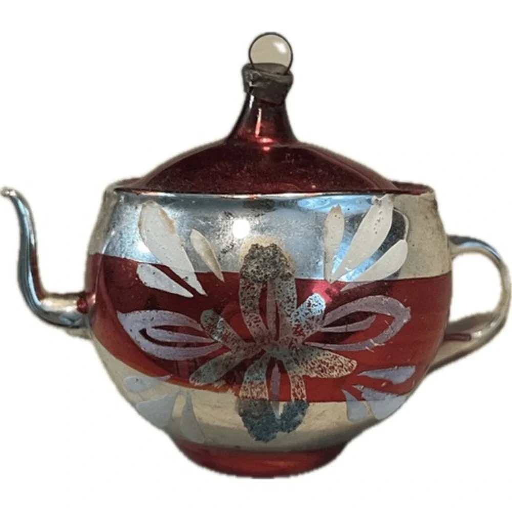Vintage Mercury‎ Glass Teapot Christmas Ornament Red Silver Floral Hand Painted
